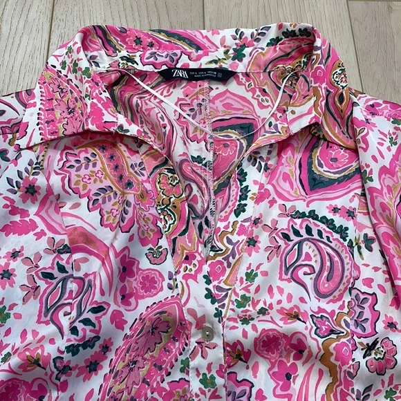 Zara Pink Paisley Print Satin Button Front Collared Shirt, sz L - Picture 5 of 13